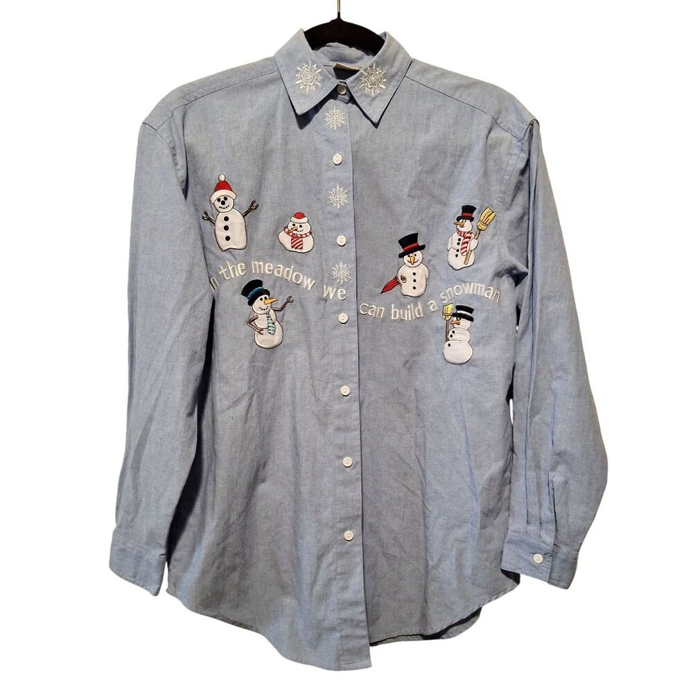 Falls Creek Snowman Embroidered Button-Up Shirt Holiday Christmas Artsy Festival